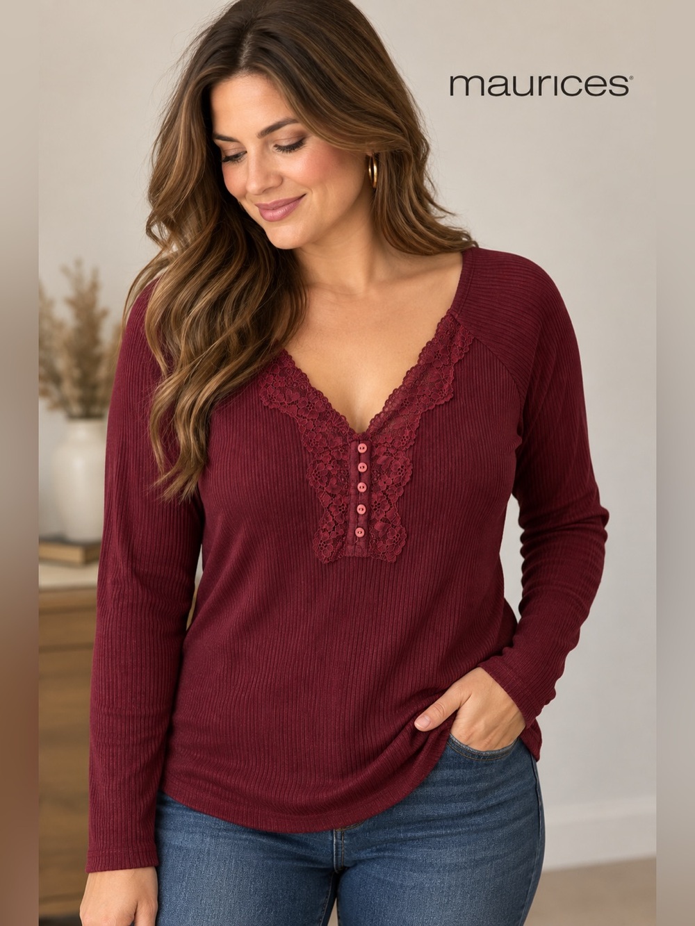 Maurices Burgundy Lace Henley Top – XL